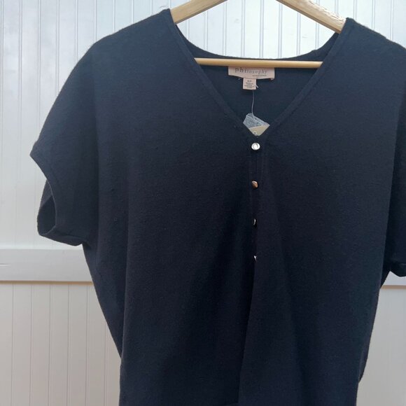 Philosophy Black Short Sleeve V-Neck Button Front Sweater Top Women's Size Small - Picture 1 of 8
